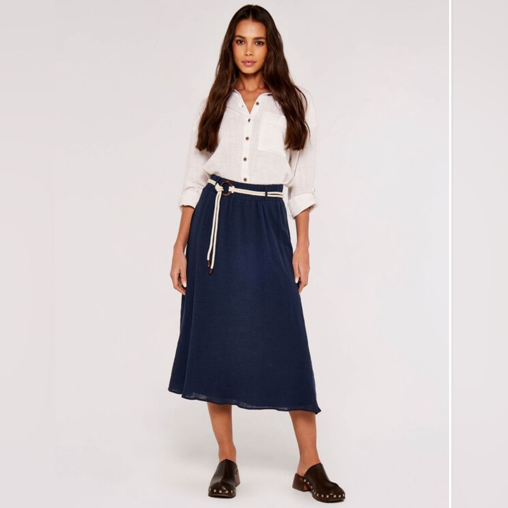 Rope Belt Cotton Midi Skirt